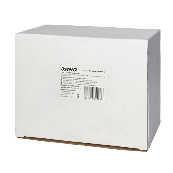 Flat power socket without earthing pins 2,5A, 250V, white, polycarbonate, 50 pcs