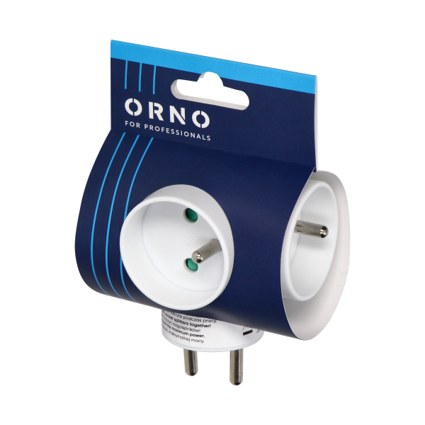 Power splitter with 3 round sockets with grounding pins.
