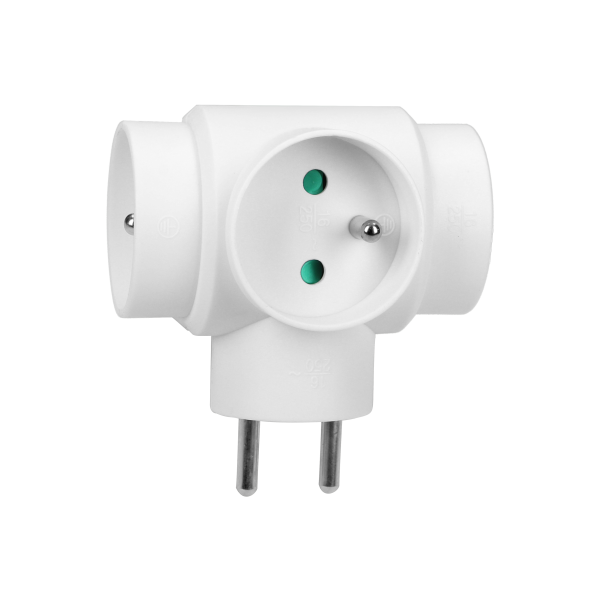 Power splitter with 3 round sockets with grounding pins.