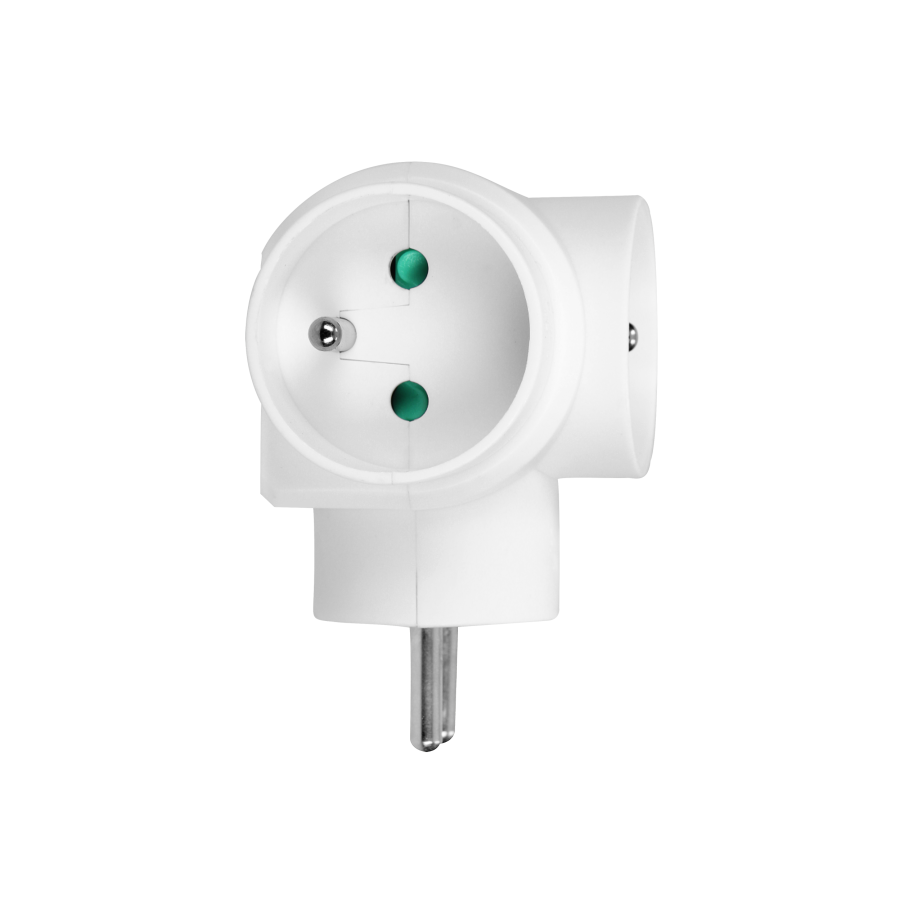 Power splitter with 3 round sockets with grounding pins.