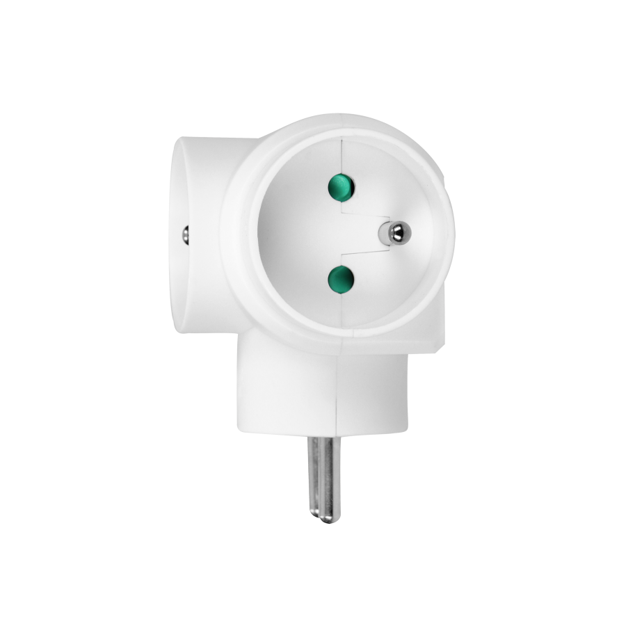 Power splitter with 3 round sockets with grounding pins.