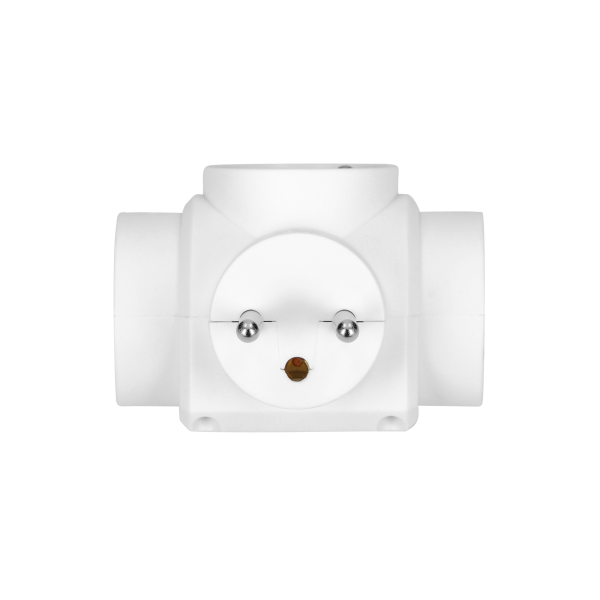 Power splitter with 3 round sockets with grounding pins.