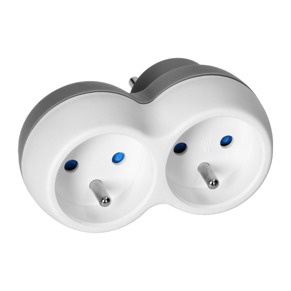 Power socket splitter 2x2P+E, white-grey