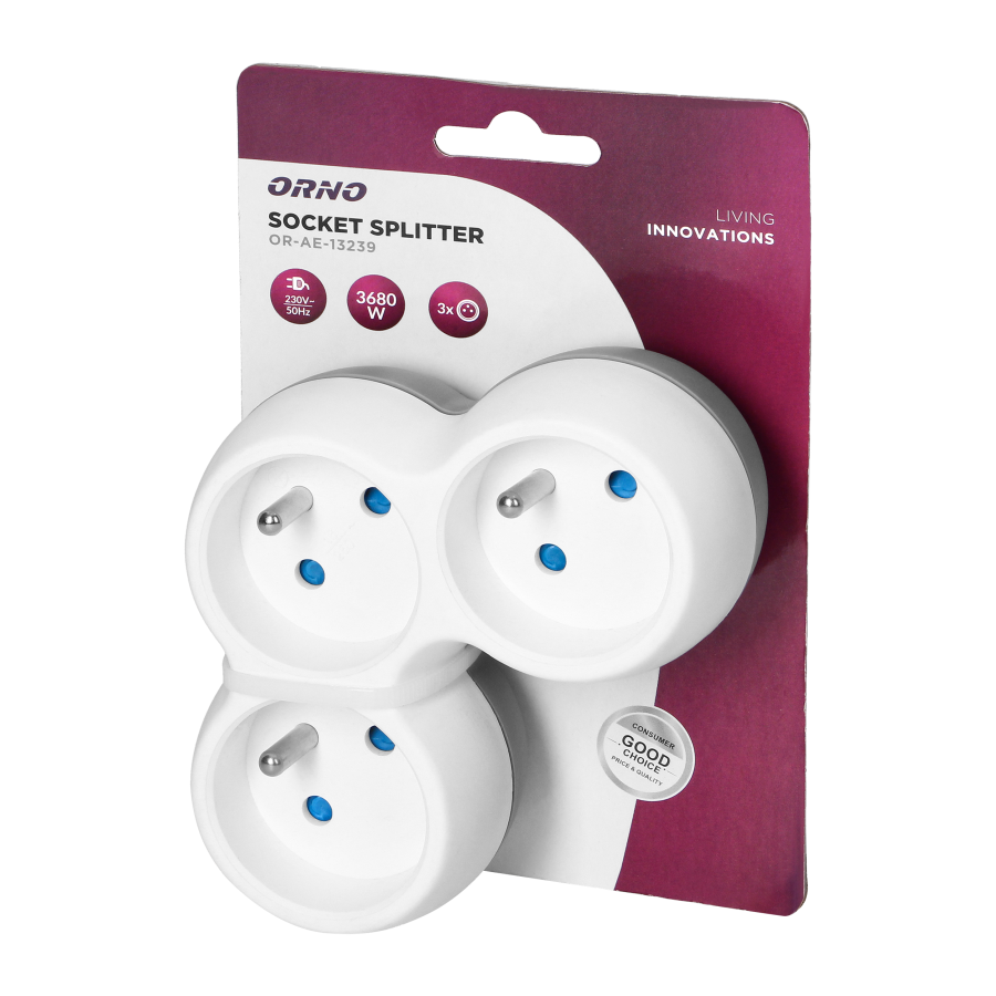 Power socket splitter 3x2P+E, white-grey