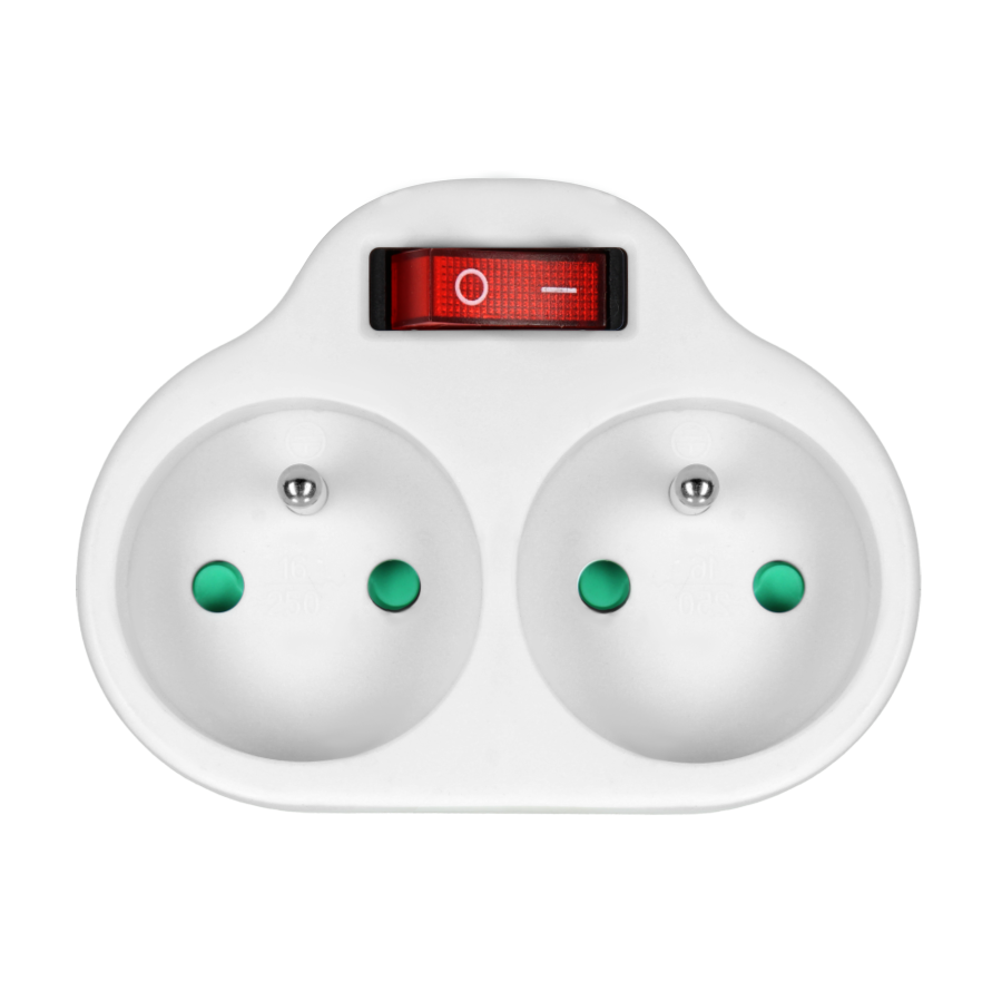 Power splitter with 2 round sockets and a central switch, white
