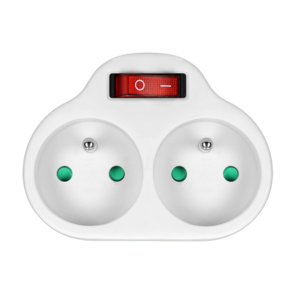 Power splitter with 2 round sockets and a central switch, white