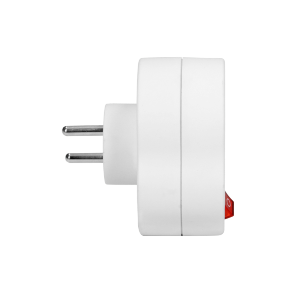 Power splitter with 2 round sockets and a central switch, white