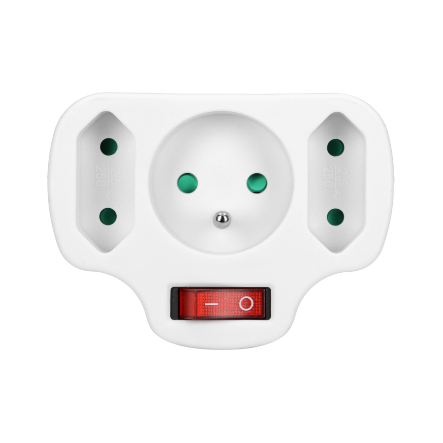 Electrical splitter with central switch, 1x2P+E, 2x2P/II, white