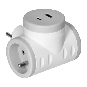 Socket splitter 2P+E with 2xUSB charger, Quickcharge, white-gray