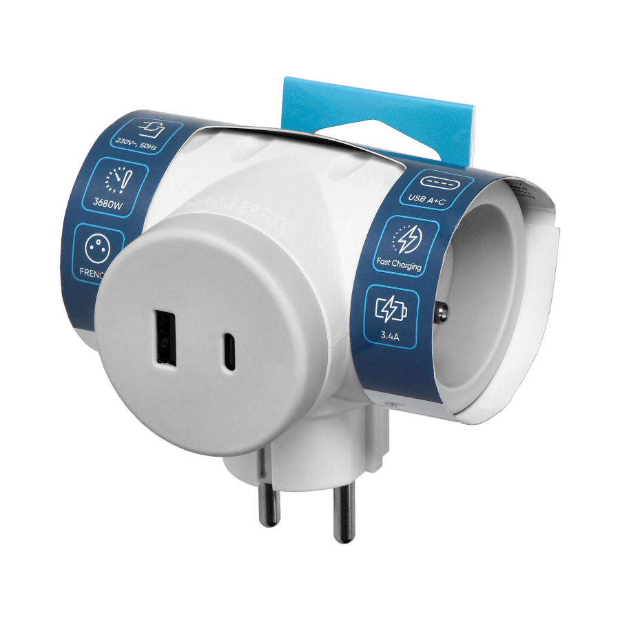 Rozgałęźnik 2P+Z z ładowarką 2xUSB, szybkie ładowanie, biało-szary