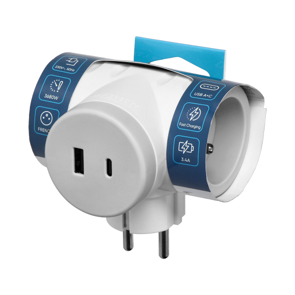 Rozgałęźnik 2P+Z z ładowarką 2xUSB, szybkie ładowanie, biało-szary