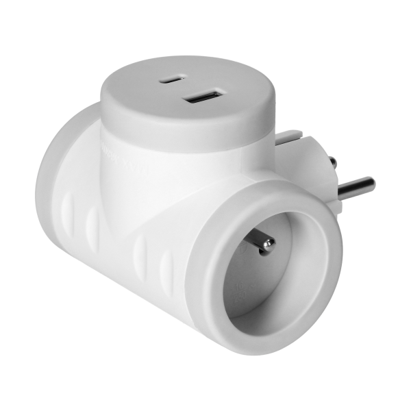 Rozgałęźnik 2P+Z z ładowarką 2xUSB, szybkie ładowanie, biało-szary