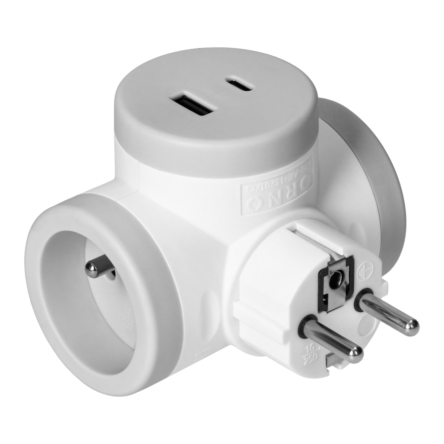 Socket splitter 2P+E with 2xUSB charger, Quickcharge, white-gray