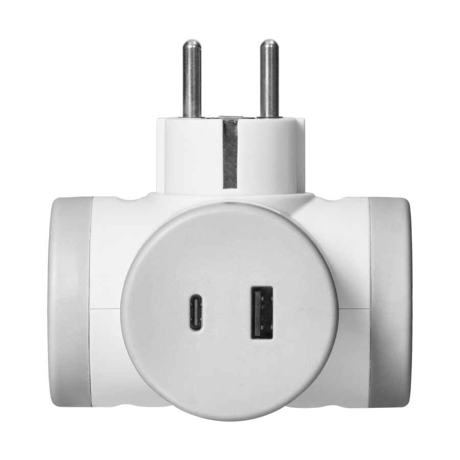 Socket splitter 2P+E with 2xUSB charger, Quickcharge, white-gray