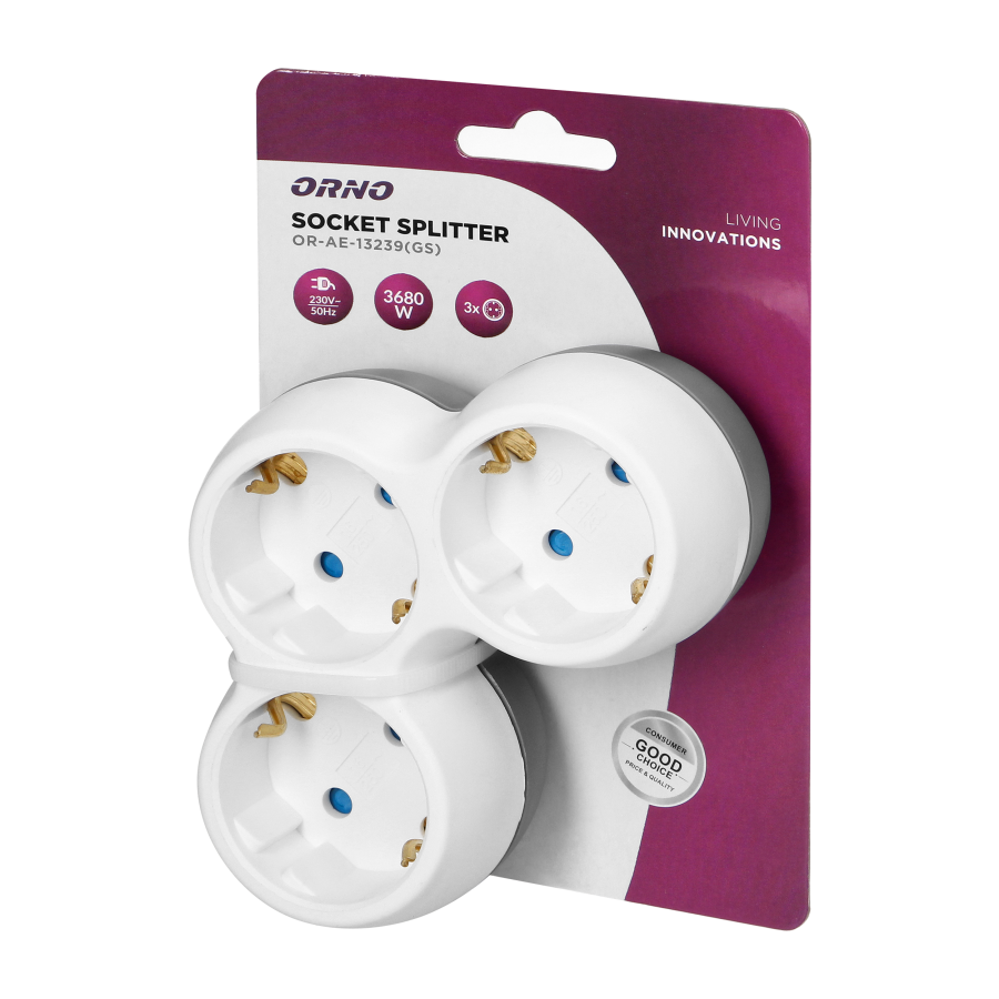 Power socket splitter 3x2P+E (Schuko), white-grey