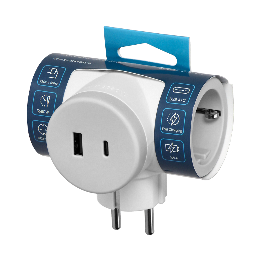 Rozgałęźnik 2P+Z (Schuko) z ładowarką 2xUSB,  szybkie ładowanie, biało-szary