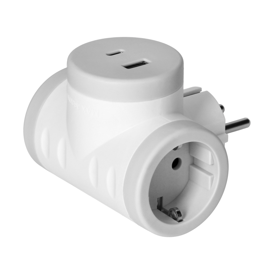 Rozgałęźnik 2P+Z (Schuko) z ładowarką 2xUSB,  szybkie ładowanie, biało-szary