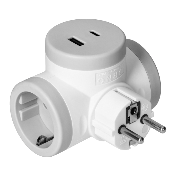 Socket splitter 2P+E(Schuko) with 2xUSB charger, Quickcharge, white-gray