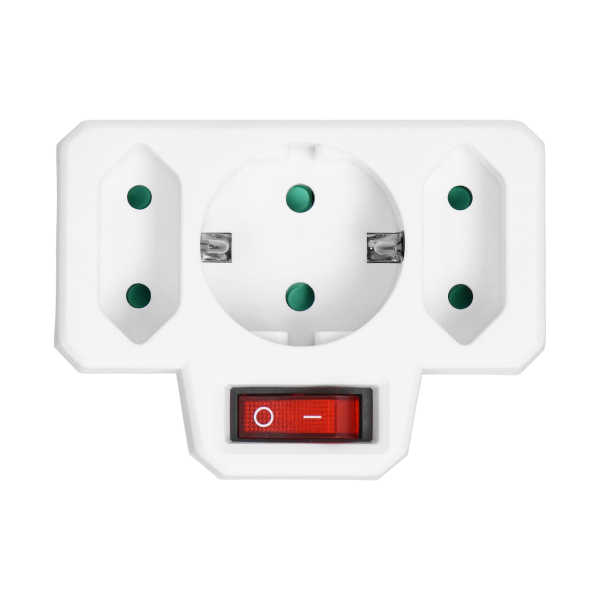 Electrical splitter with central switch, 1x2P+E Schuko, 2x2P/II, white