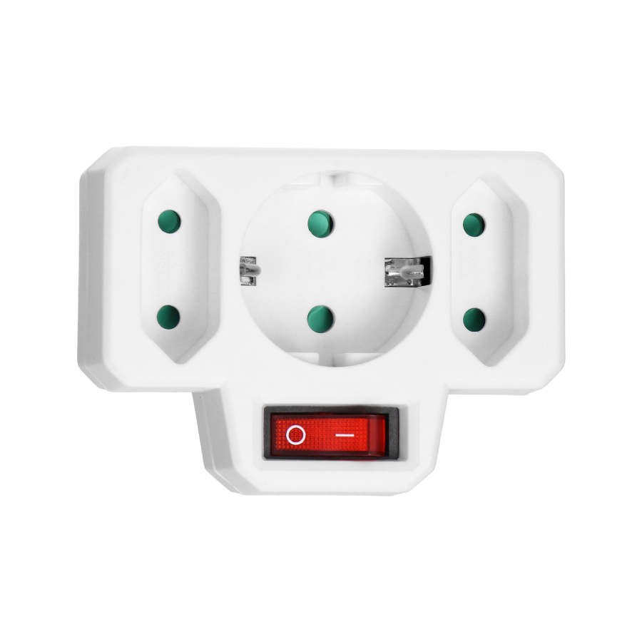 Electrical splitter with central switch, 1x2P+E Schuko, 2x2P/II, white
