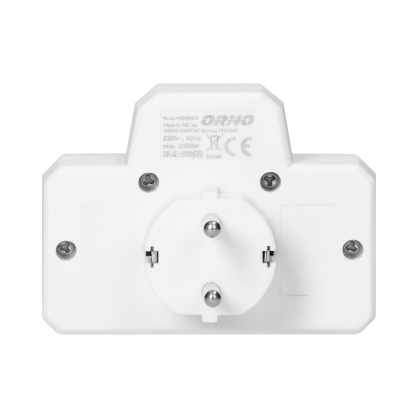 Electrical splitter with central switch, 1x2P+E Schuko, 2x2P/II, white