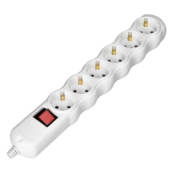 Socket splitter 6x2P+E (Schuko) with central switch, white Socket splitter 6x2P+E (Schuko) with central switch, white