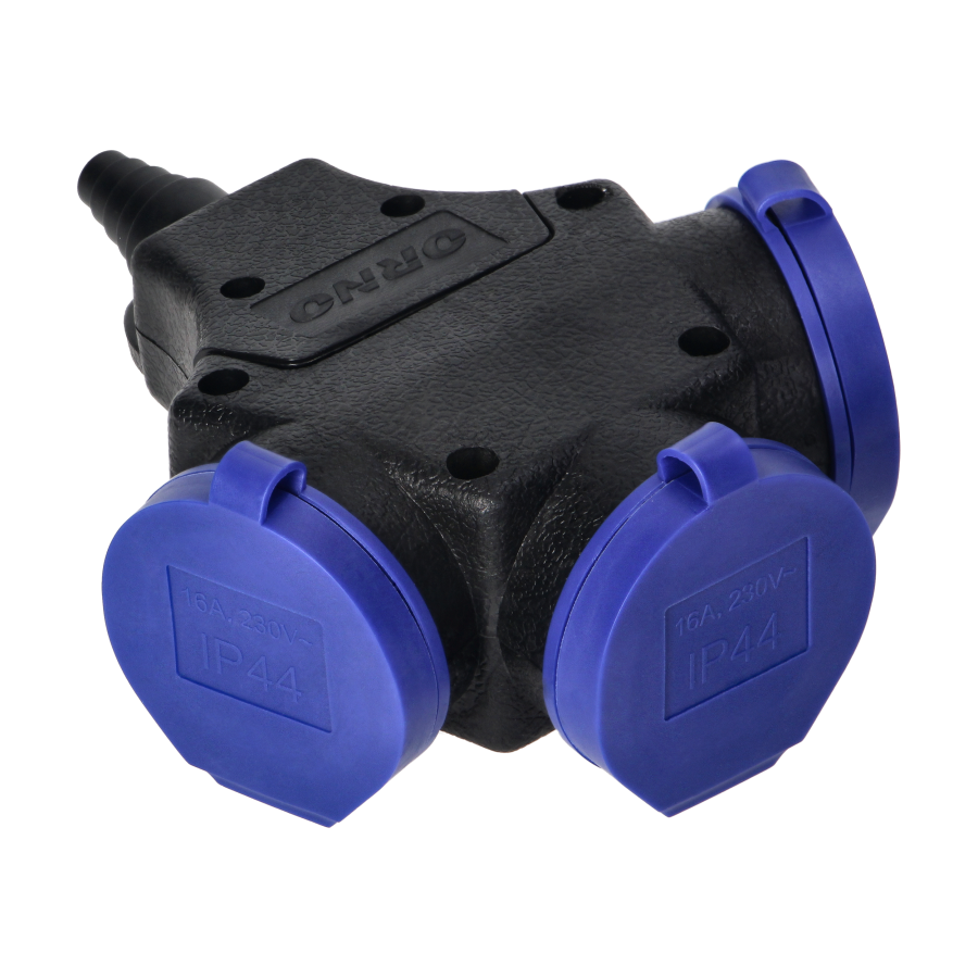 3-way waterproof extension socket in durable IP44 casing, 3x2P+E, 16A, 230V AC