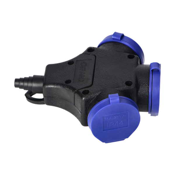 3-way waterproof extension socket in durable IP44 casing, 3x2P+E, 16A, 230V AC