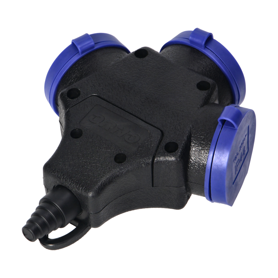 3-way waterproof extension socket in durable IP44 casing, 3x2P+E, 16A, 230V AC