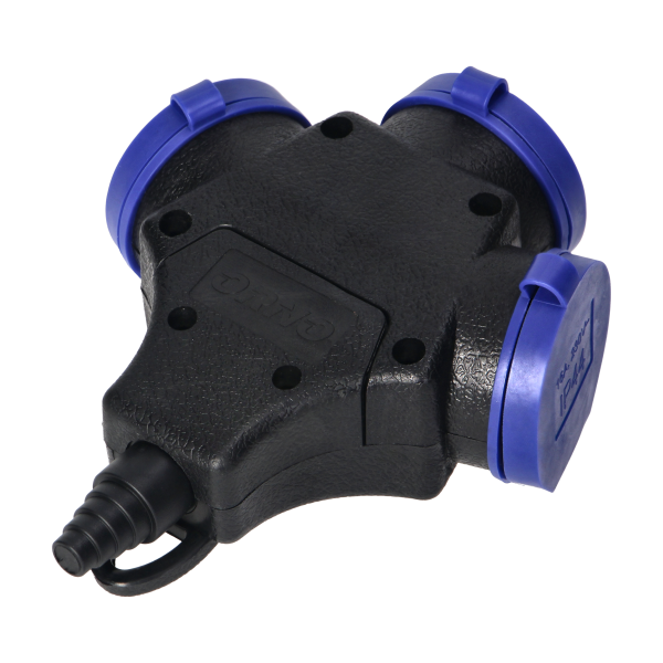 3-way waterproof extension socket in durable IP44 casing, 3x2P+E, 16A, 230V AC