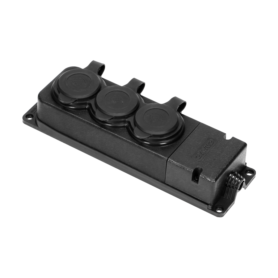 Heavy-duty extension socket, rubber, IP44, 3 sockets, flame-resistant casing