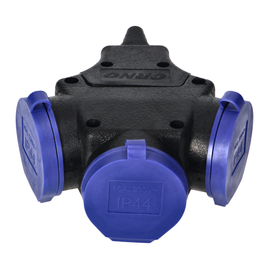 3-way waterproof extension socket in durable IP44 casing, 3x2P+E Schuko, 16A, 230V AC