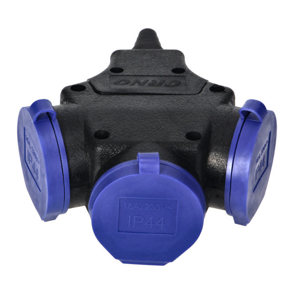 3-way waterproof extension socket in durable IP44 casing, 3x2P+E Schuko, 16A, 230V AC