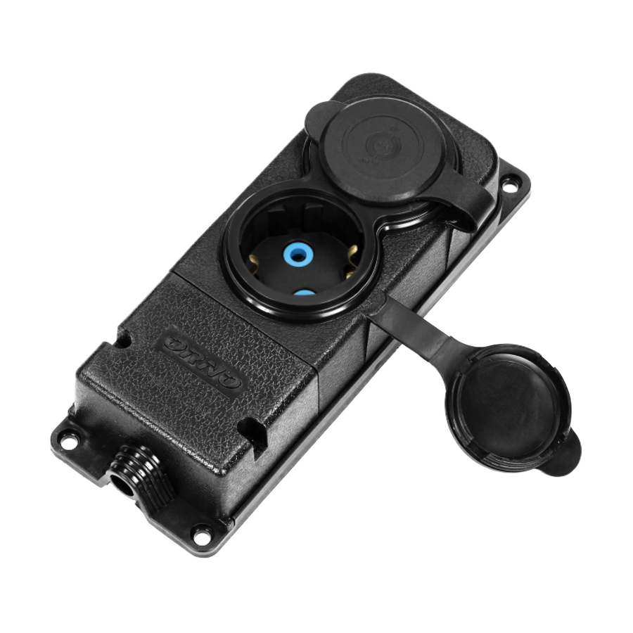 Heavy-duty extension socket, rubber, IP44, 2 schuko sockets, flame-resistant casing