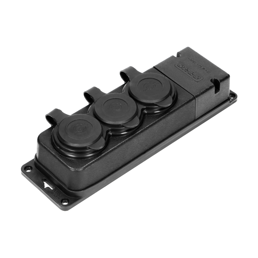 Heavy-duty extension socket, rubber, IP44, 3 schuko sockets, flame-resistant casing