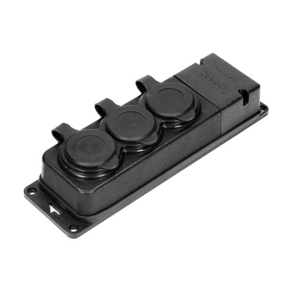 Heavy-duty extension socket, rubber, IP44, 3 schuko sockets, flame-resistant casing