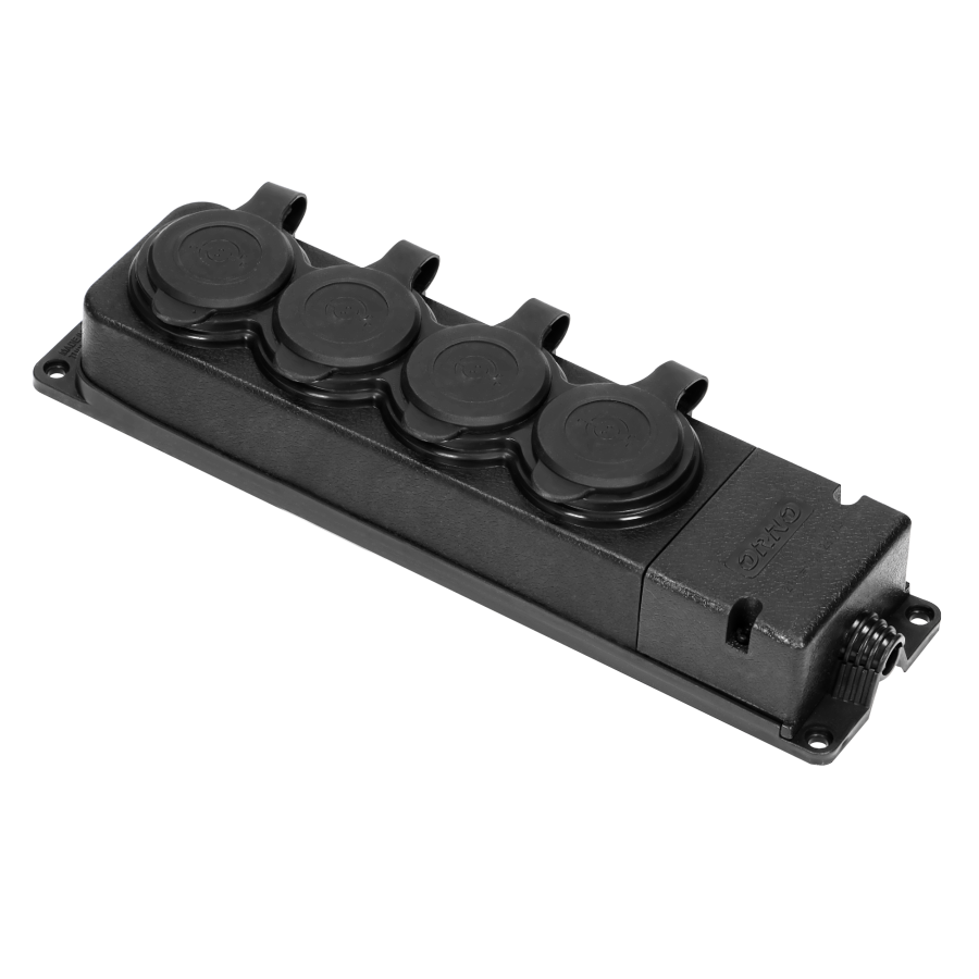 Heavy-duty extension socket, rubber, IP44, 4 schuko sockets, flame-resistant casing