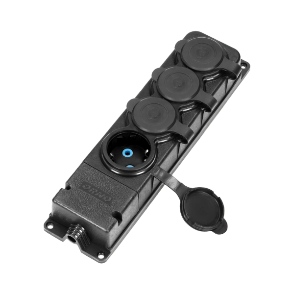 Heavy-duty extension socket, rubber, IP44, 4 schuko sockets, flame-resistant casing