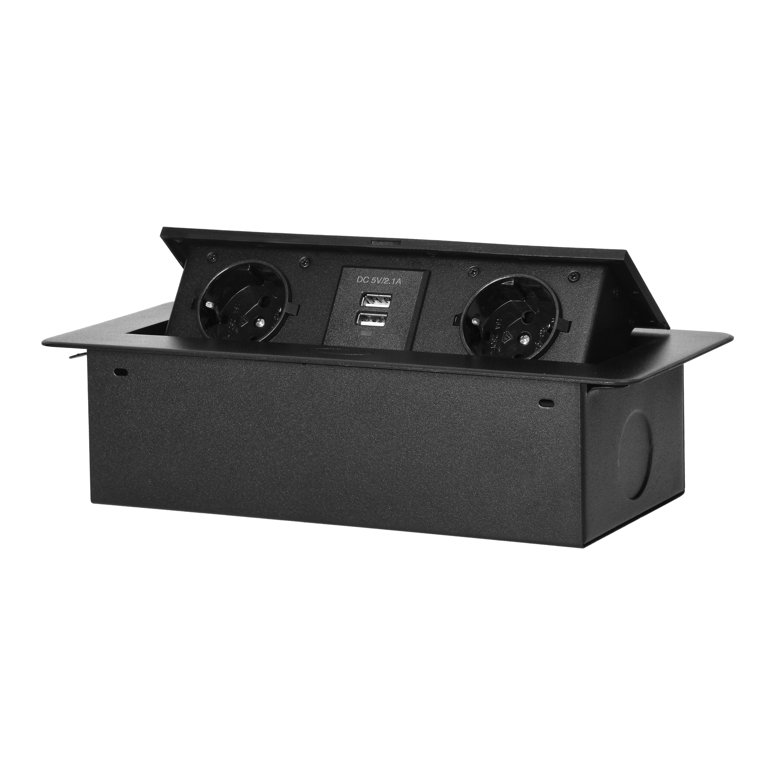 Recessed furniture sockets in a housing with a flat edge and USB charger, 2x2P+E (Schuko), 2xUSB, black