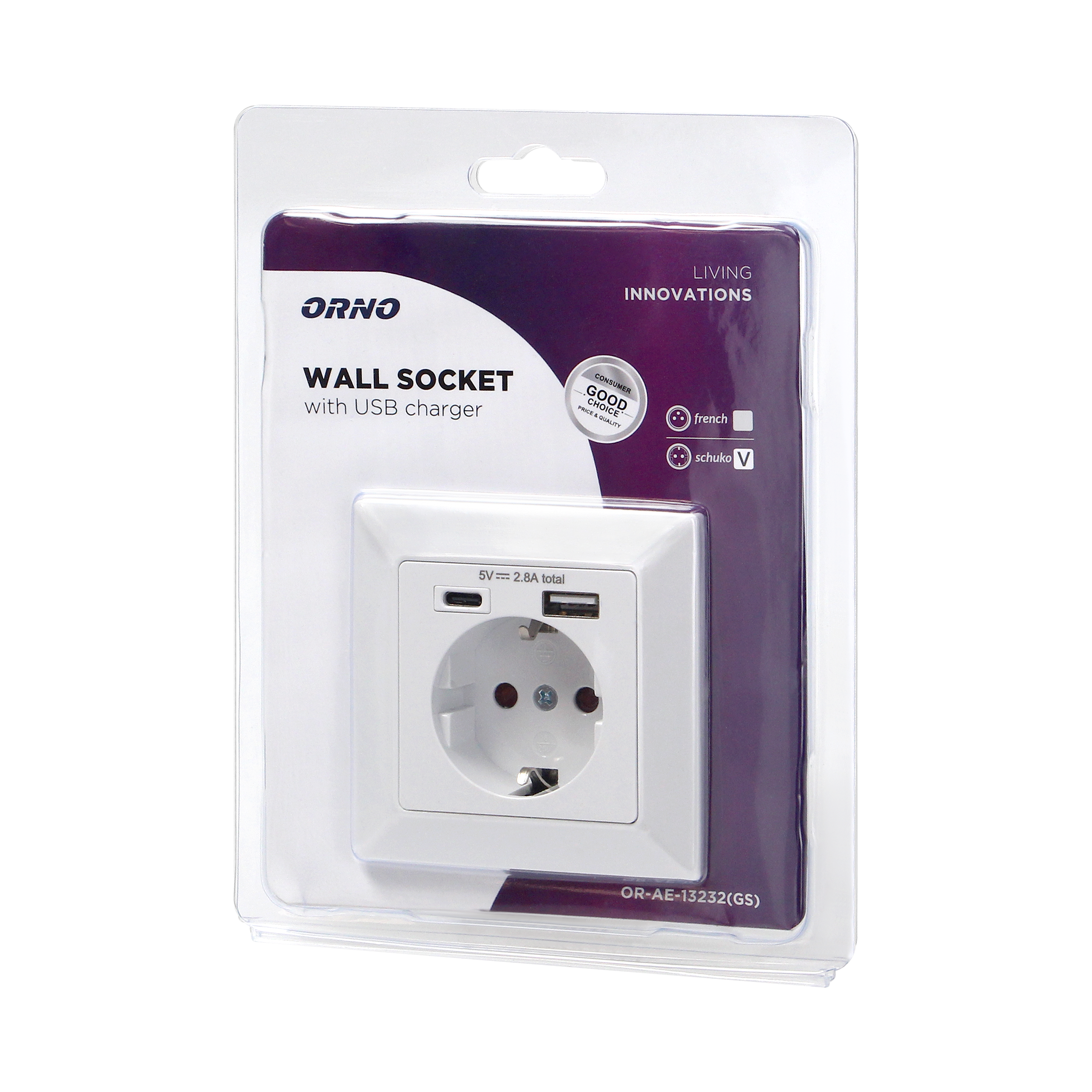 Single socket with two chargers USB-A + 5VDC output, flush-mounted, Schuko, white | POLSKA - Living innovations